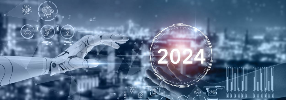 A robotic hand overlaid with technology icons reaches out to "2024" in a bubble.