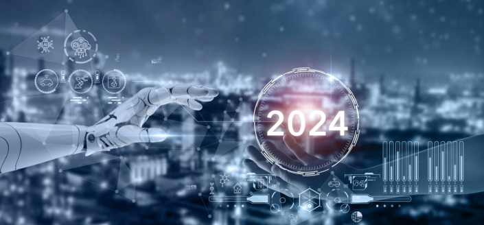 A robotic hand overlaid with technology icons reaches out to "2024" in a bubble.